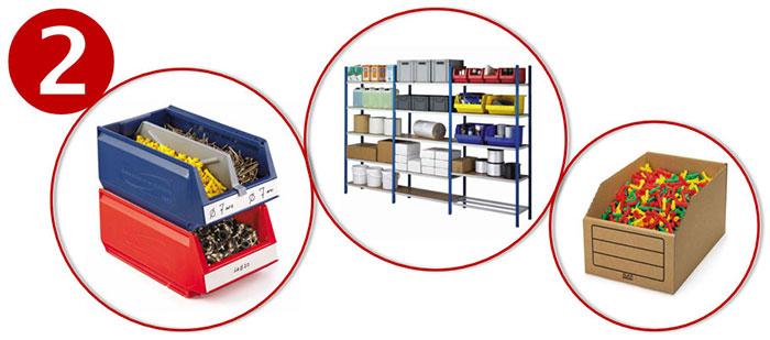 équipement d'entrepôt : stockez vos produits dans des bacs tiroir et bacs à bec.