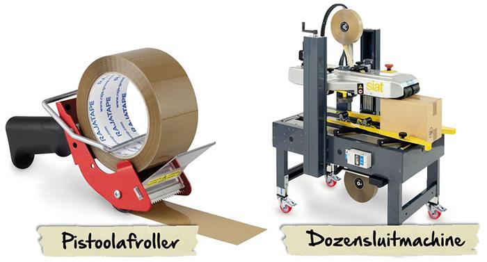 Dozen sluiten met tape dankzij pistoolafrollers en dozensluitmachines