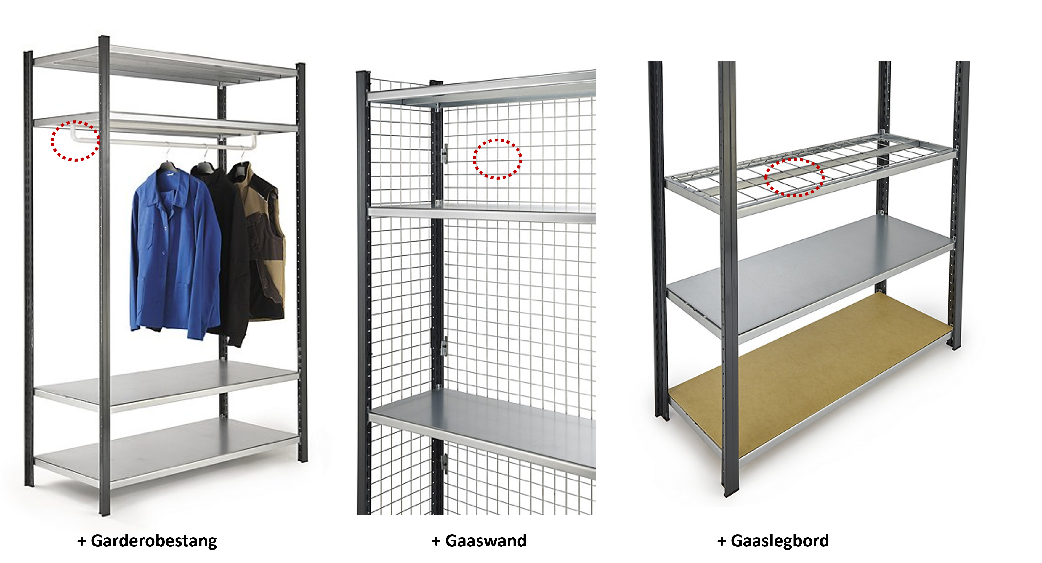 3 accessoires voor magazijnrekken, zoals gaas.