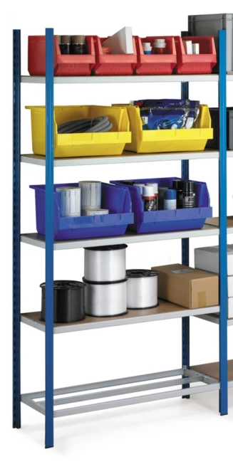Rayonnage industriel léger bleu avec bacs