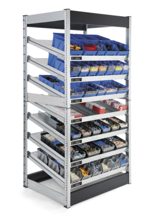 FIFO-flowrek met geïntegreerd bakkensysteem op elke schap