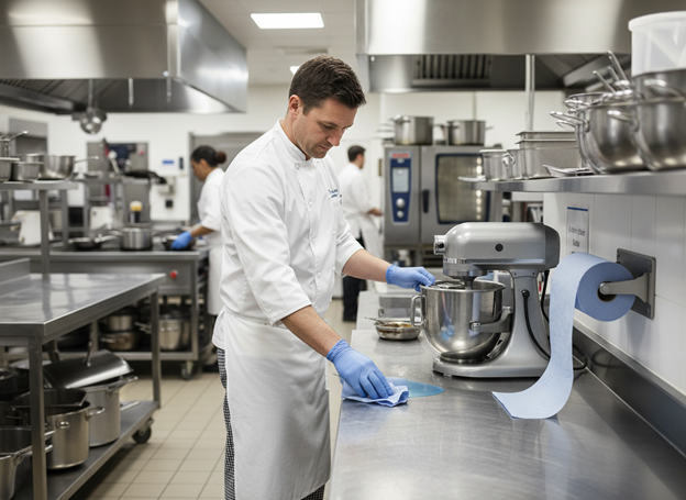 Un homme élimine des salisures dans une cuisine