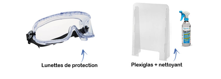 Lunettes de protection et plexiglas comme protection contre les virus. 