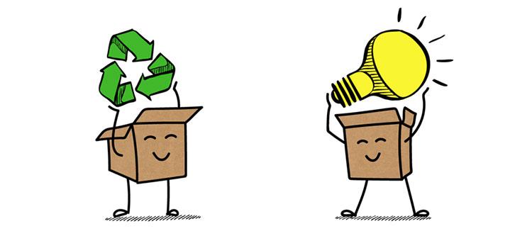 Cartoon de 2 caisses avec une ampoule et un logo vert