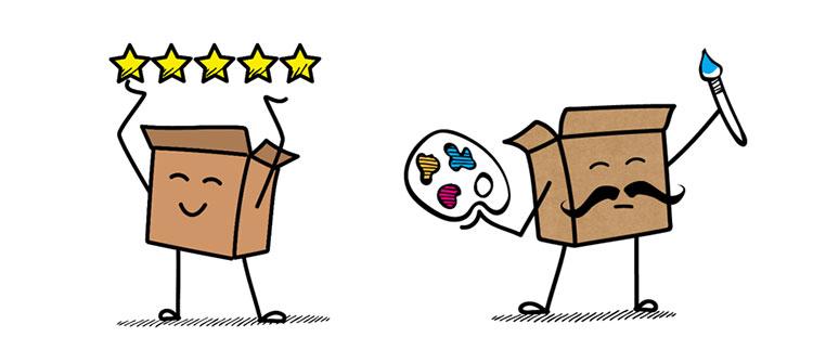 Cartoon de 2 caisses avec 5 étoiles et fournitures de peinture