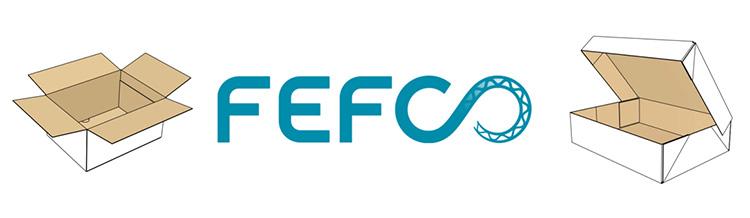 Logo van de organisatie FEFCO en voorbeelden van dozen ontworpen volgens de FEFCO codes