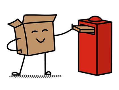 Cartoon van een doos die een postverpakking in de sleuf van een brievenbus steekt