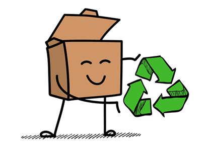 Dessin humoristique d'une boîte en carton portant un logo de recyclage