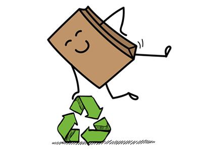 Dessin d'un sac en papier se balançant sur le logo du recyclage