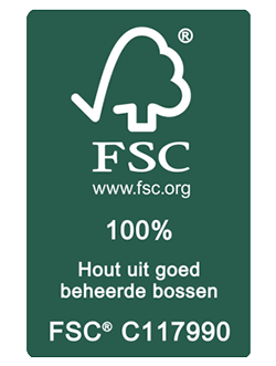 Groen FSC 100% label voor hout uit goed beheerde bossen.