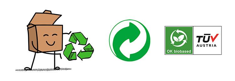 Cartoon van een kartonnen doos met het logo van recycleerbare producten