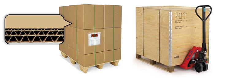 Doos van driedubbel golfkarton en  houten exportkist voor het versturen van een groot pakket