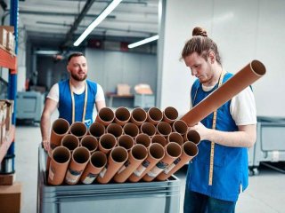 Man transporteert een vak vol kartonnen kokers terwijl een andere man een koker op een stapel legt.