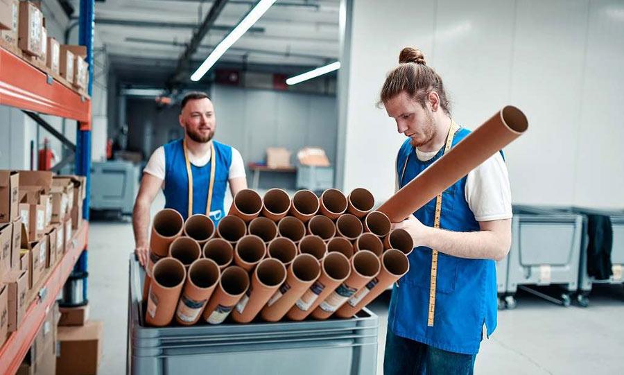 Un homme transporte une boîte remplie de tubes en carton