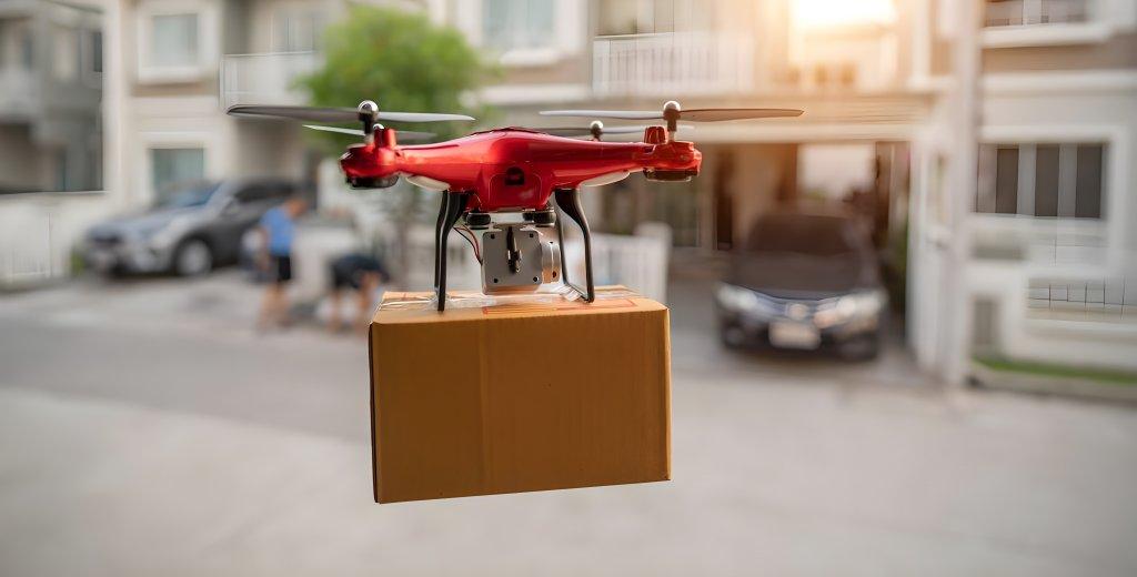 Drone rouge emporte un colis