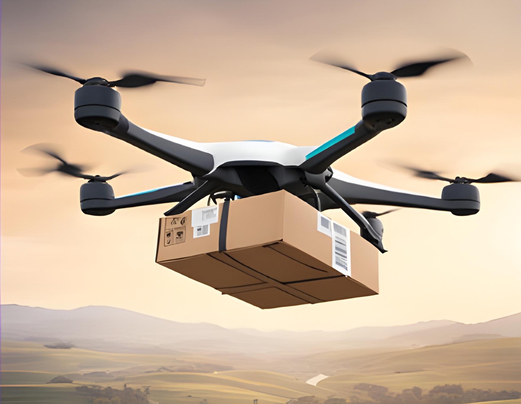 Drone blanc emporte un colis