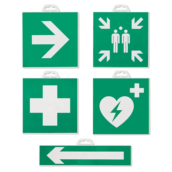 Panneaux de signalisation verts avec symboles blancs