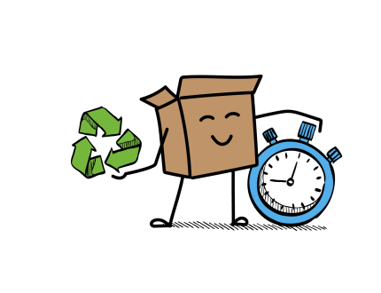 Dessin humoristique représentant une boîte avec le logo « Recy » et une petite cloche