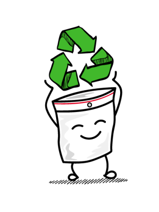 Caricature représentant un sac en plastique tenant le logo « Recy »