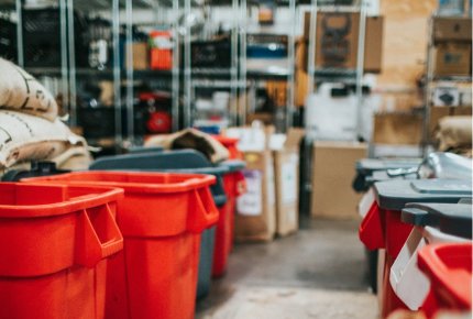 gekleurde vuilbakken in een werkplaats