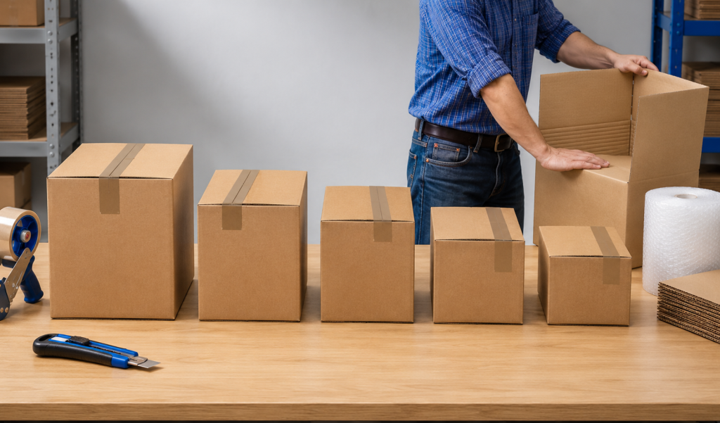 Boîtes en carton alignées dans un entrepôt de préparation de commandes