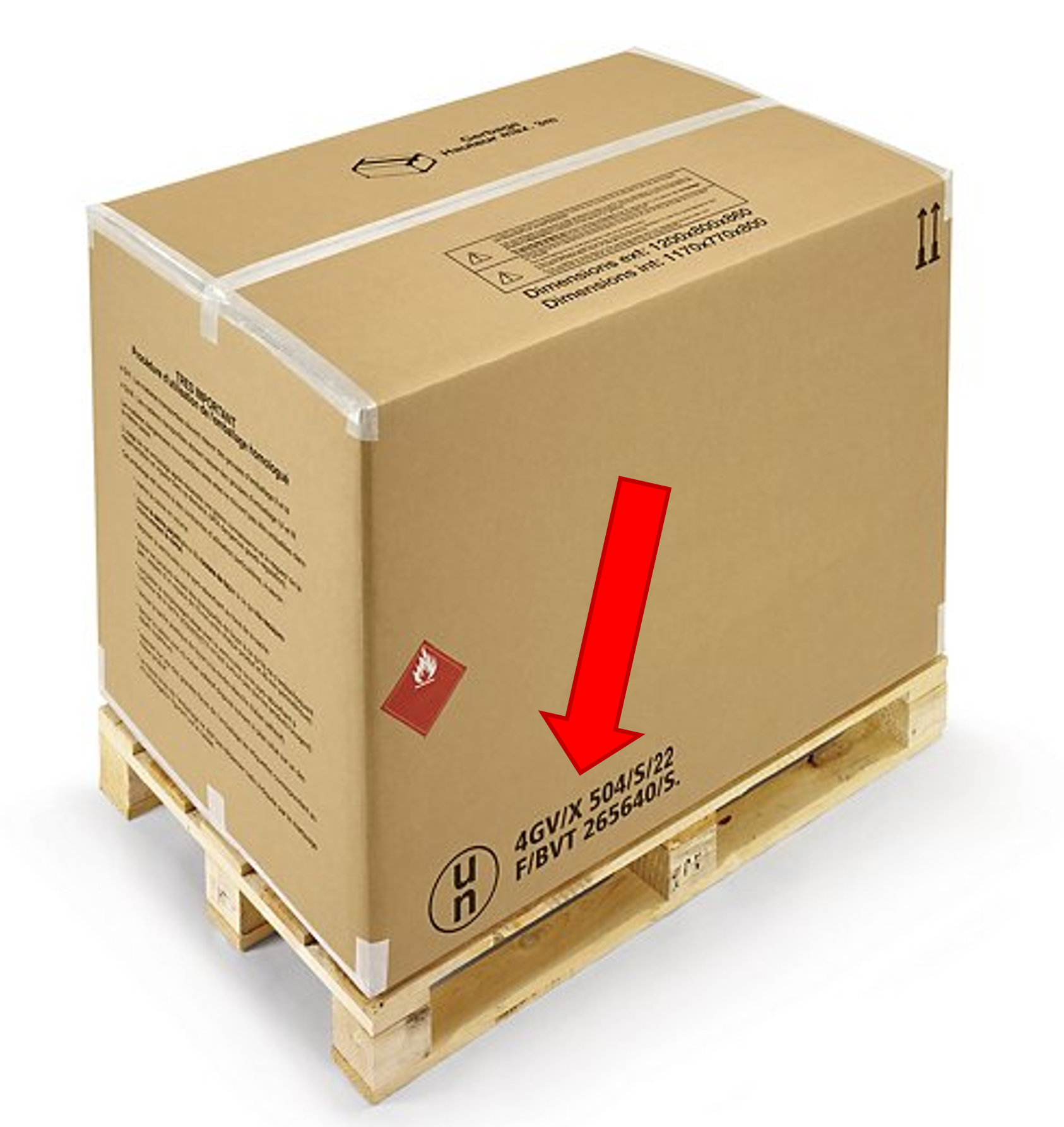 Caisse ONU avec flèche rouge indiquant le marquage d’homologation ONU