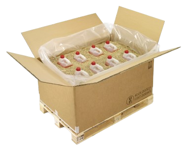 Caisse ONU en carton triple cannelure brune contenant huit bouteilles en plastique dans de la vermiculite